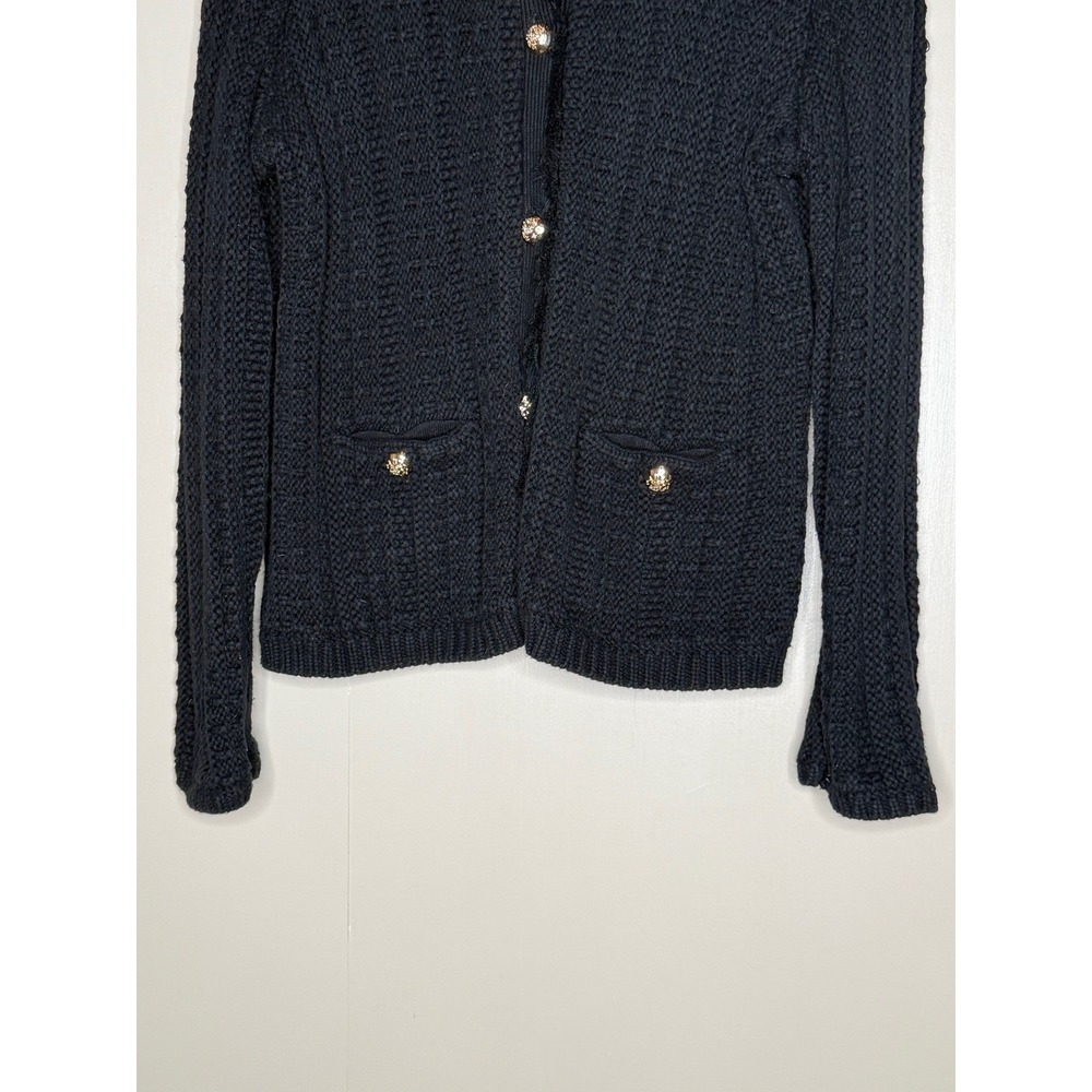 TTahari Black Textured Knit Cardigan Jacket Gold Crest Buttons Preppy - Picture 3 of 9